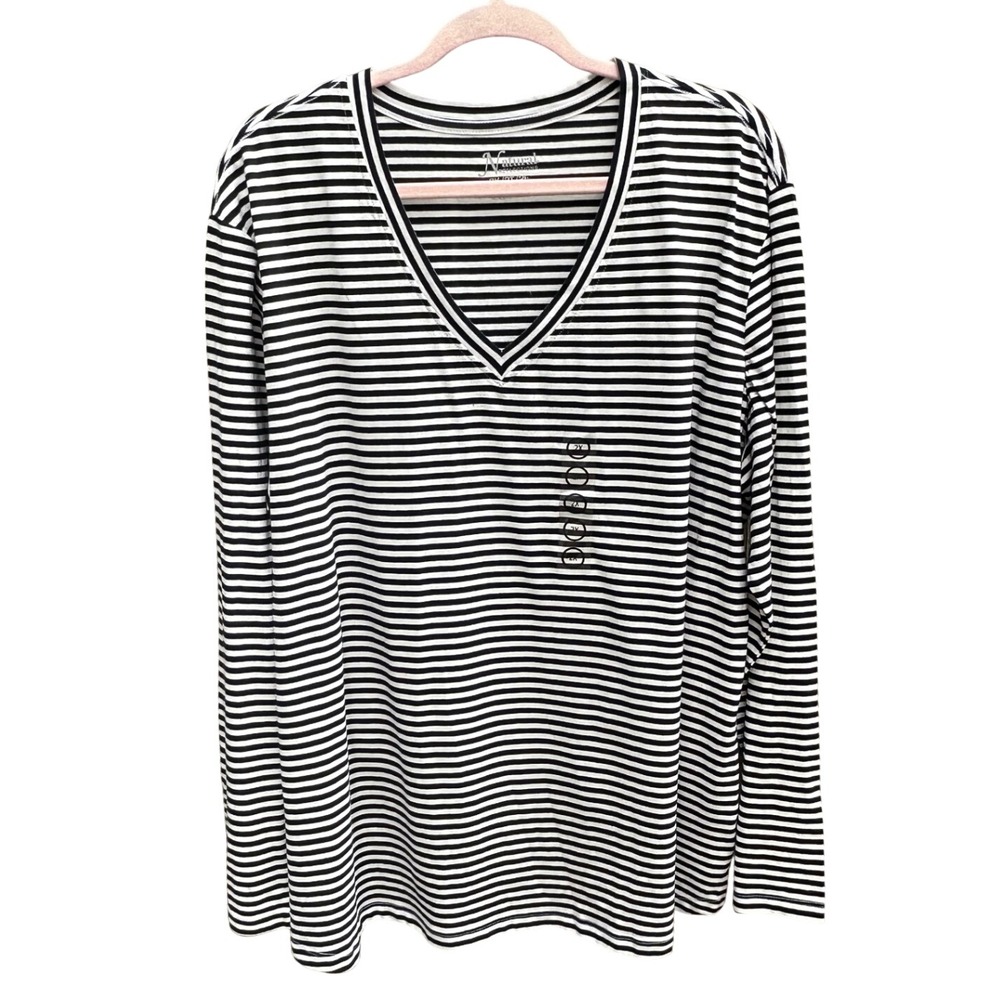 Natural Reflections Womens 2X Black White Striped V-Neck Long Sleeve Tee Shirt